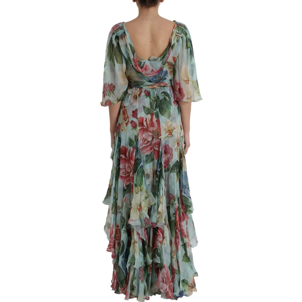 Blue Floral Print Tiered Long Maxi Dress