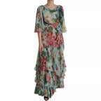 Blue Floral Print Tiered Long Maxi Dress