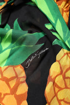 Black Silk Pineapple Draped Print Wrap Dress