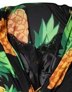 Black Silk Pineapple Draped Print Wrap Dress