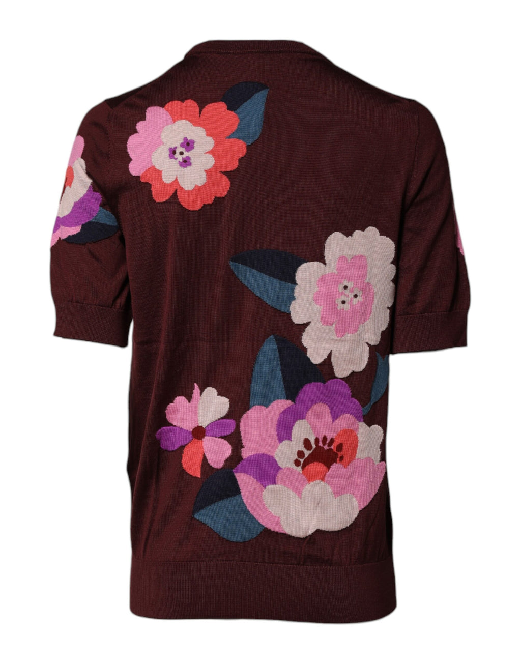 Maroon Floral Silk Crew Neck Blouse Top