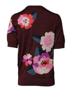 Maroon Floral Silk Crew Neck Blouse Top