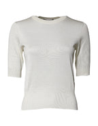 Cream Short Sleeve Silk Round Neck Blouse Top