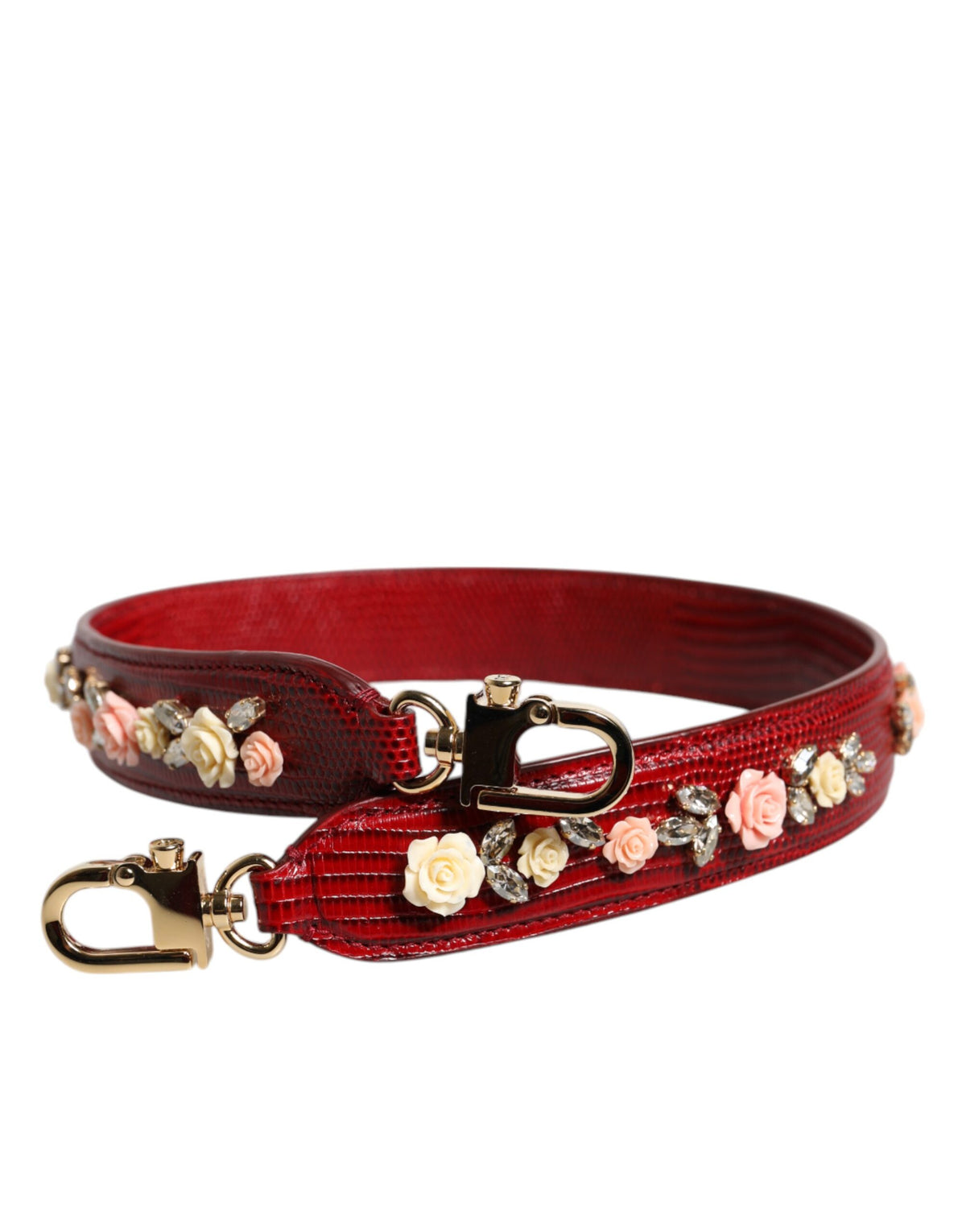 Red Leather Floral Embellish Bag Shoulder Strap