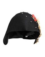 Black Wool Multicolor Embellished Cloche Hat