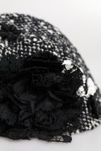 Black Wool White Floral Embellished Cloche Hat