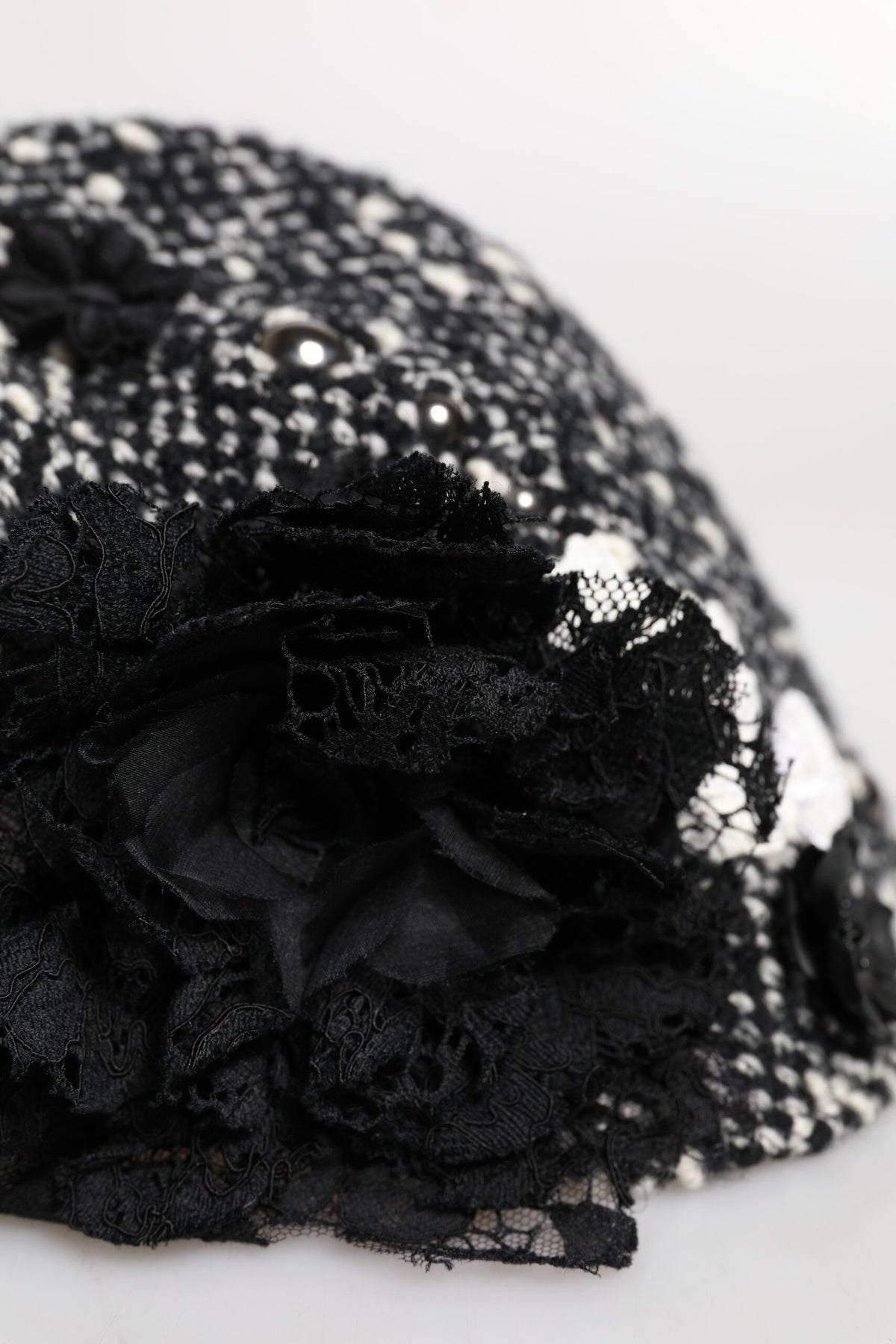 Black Wool White Floral Embellished Cloche Hat