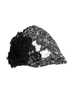 Black Wool White Floral Embellished Cloche Hat