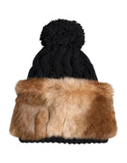 Black Brown Dyed Rabbit Real Fur Winter Beanie Hat