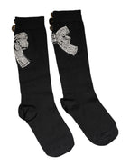 Black Knit Floral Crystal Embellishment Socks