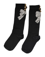 Black Knit Floral Crystal Embellishment Socks