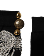Black Knit Floral Crystal Embellishment Socks