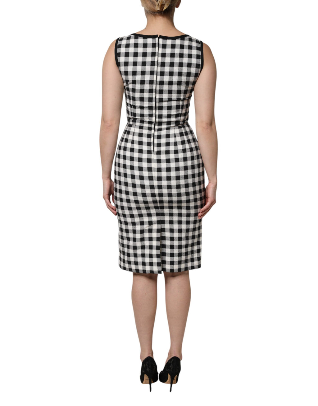 White Black Checkered Sleeveless Sheath Dress