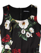 Black Floral Print Sleeveless Sheath Dress