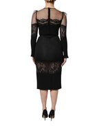 Black Lace Trim Nylon Tulle Sheath Midi Dress