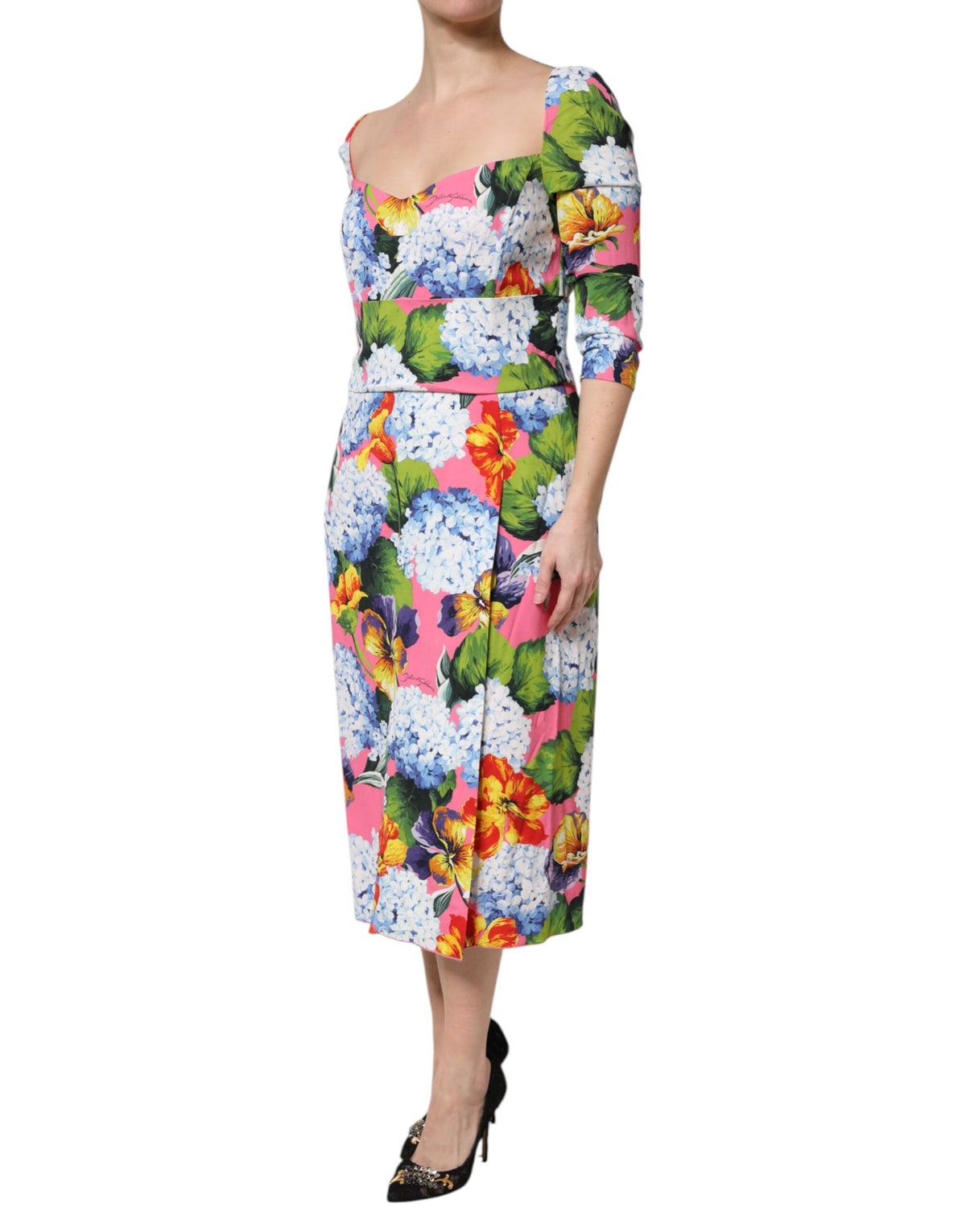 Multicolor Floral Pleated Sheath Midi  Dress