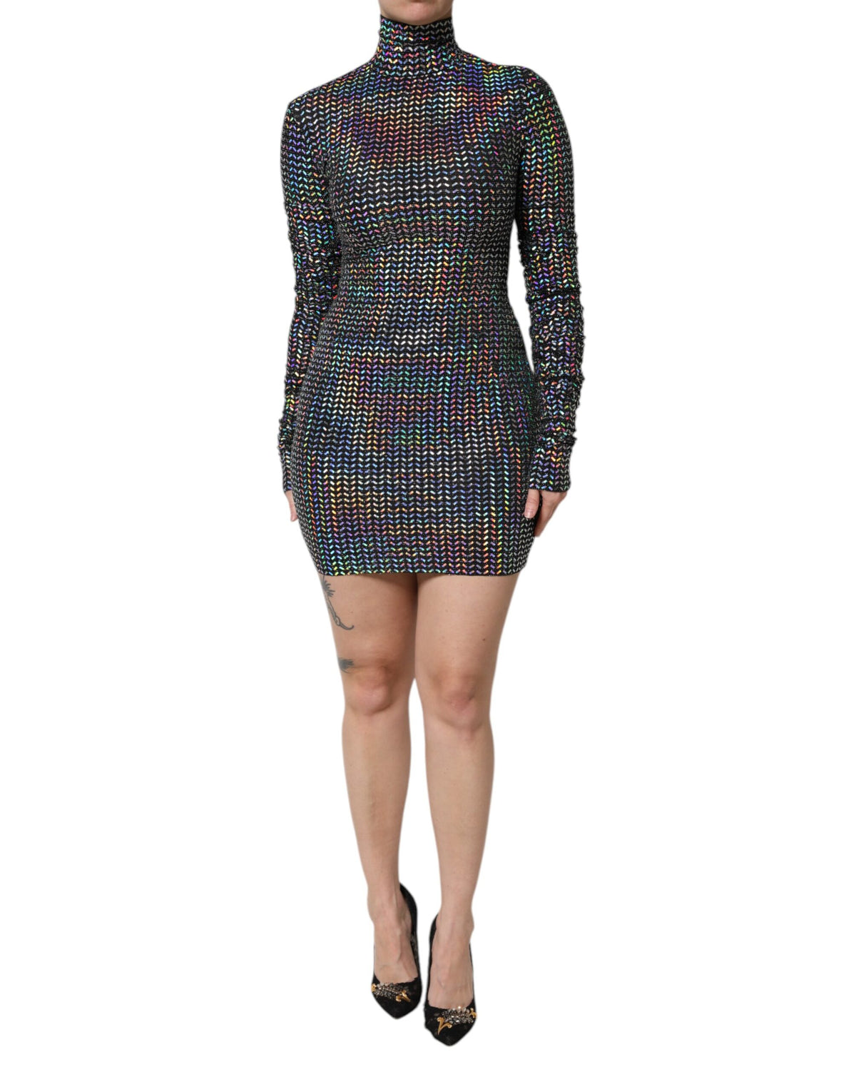 Black Embellished Nylon Bodycon Mini Dress
