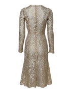Gold Floral Lace Long Sleeves Fit & Flare Dress