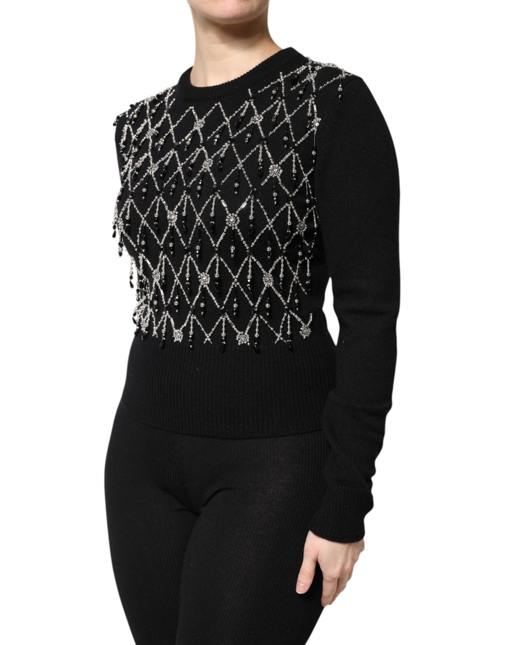 Black Cashmere Embellished Long Sleeves Top