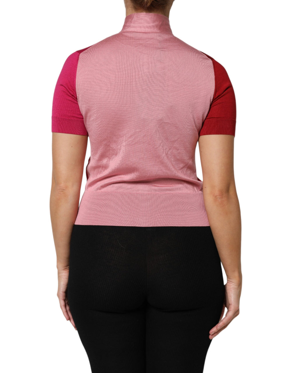 Pink Short Sleeves Buttoned Ascot Collar Top