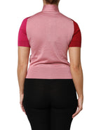 Pink Short Sleeves Buttoned Ascot Collar Top