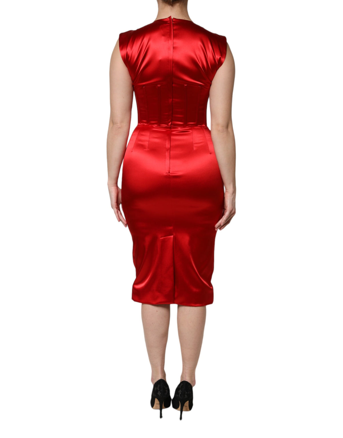 Red Acetate Sleeveless Sheath Midi Dress