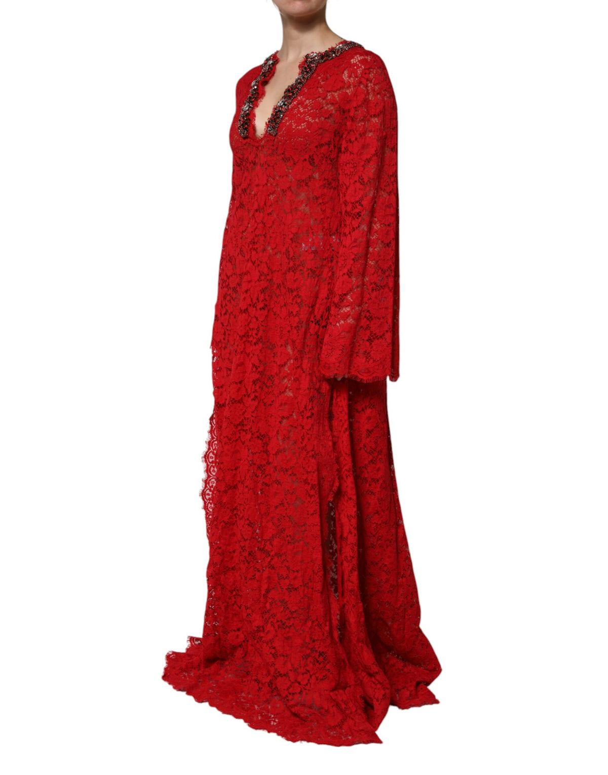 Red Floral Lace Rhinestone Embellished Dress