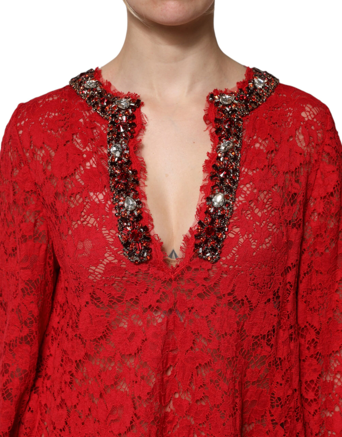 Red Floral Lace Rhinestone Embellished Dress