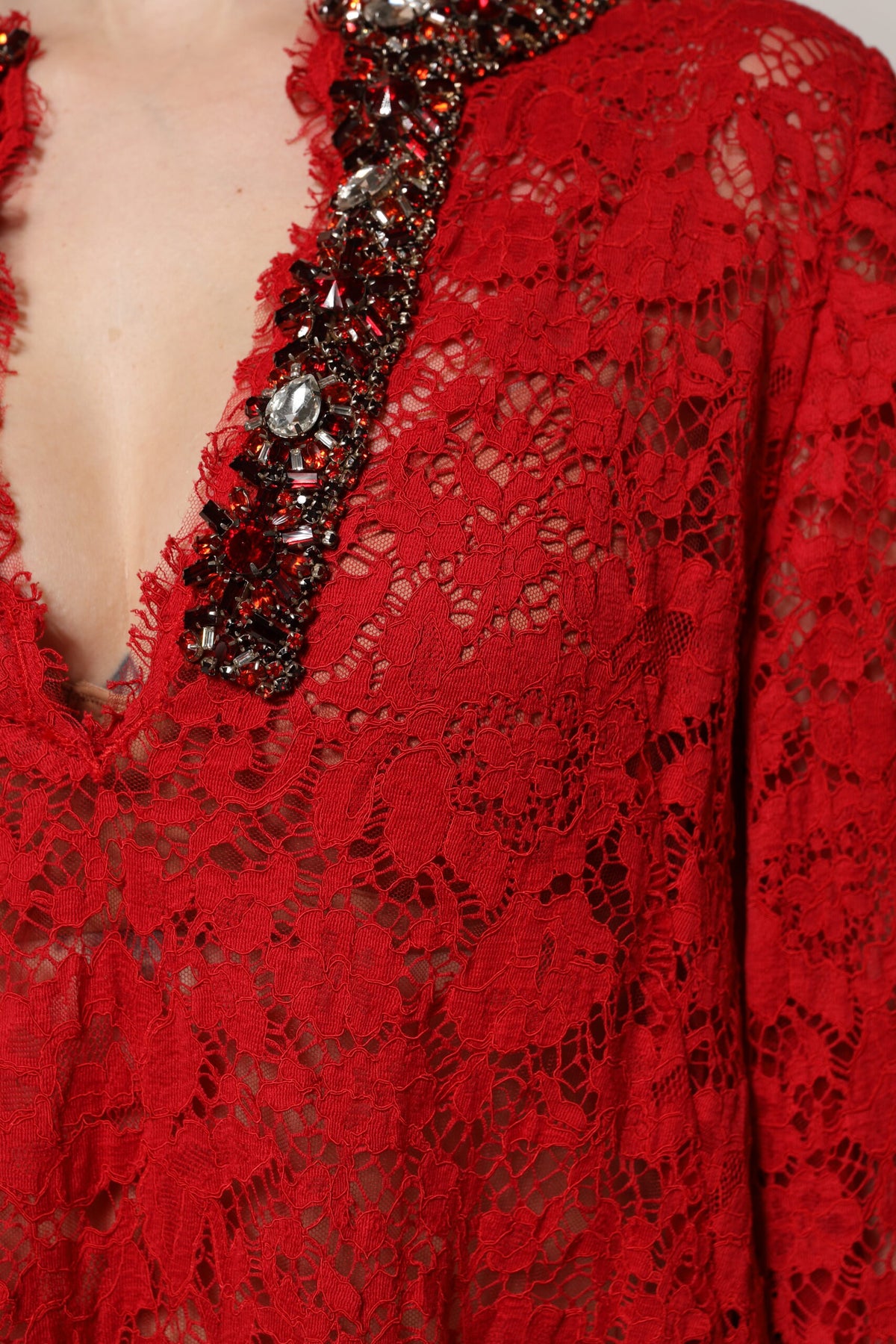 Red Floral Lace Rhinestone Embellished Dress