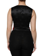 Red Black Button Down Sleeveless Vest Top