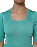 Aqua Blue Silk Short Sleeves Square Neck Top