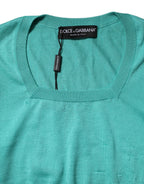 Aqua Blue Silk Short Sleeves Square Neck Top