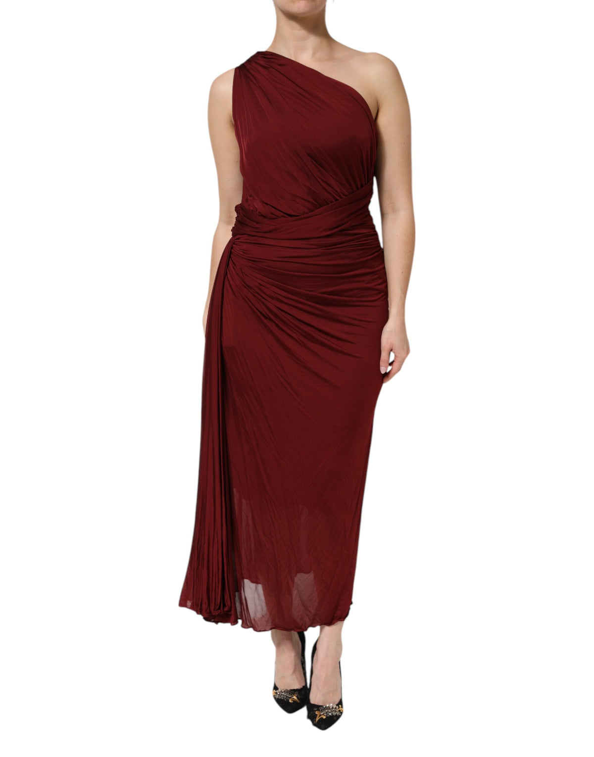 Red Viscose Fitted One Shoulder Midi Dress