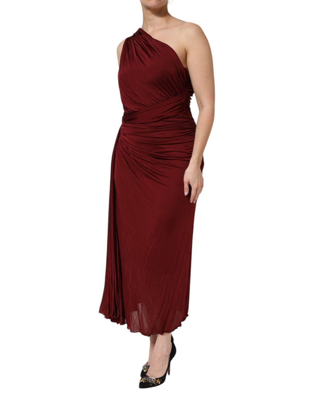 Red Viscose Fitted One Shoulder Midi Dress