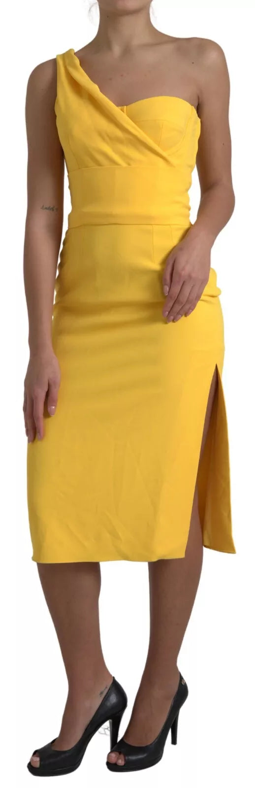 Yellow One Shoulder Slit Sheath Midi Dress