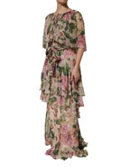 Pink Floral Print Tiered Long Maxi Dress