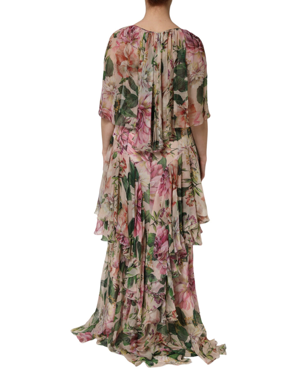 Pink Floral Print Tiered Long Maxi Dress