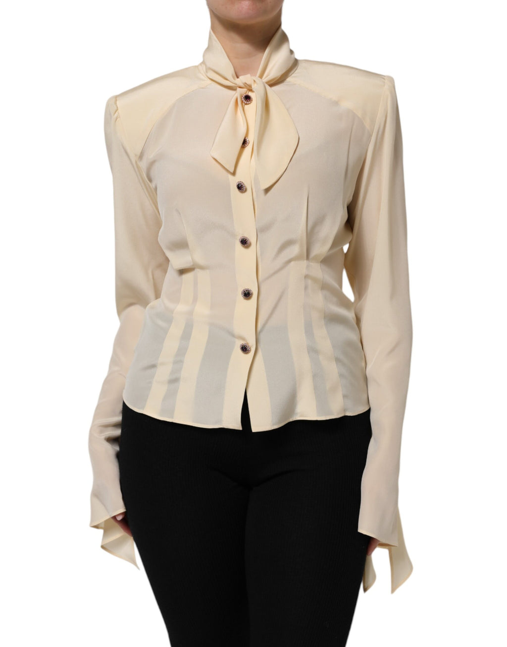 Light Yellow Ascot Collar Buttoned Blouse Top