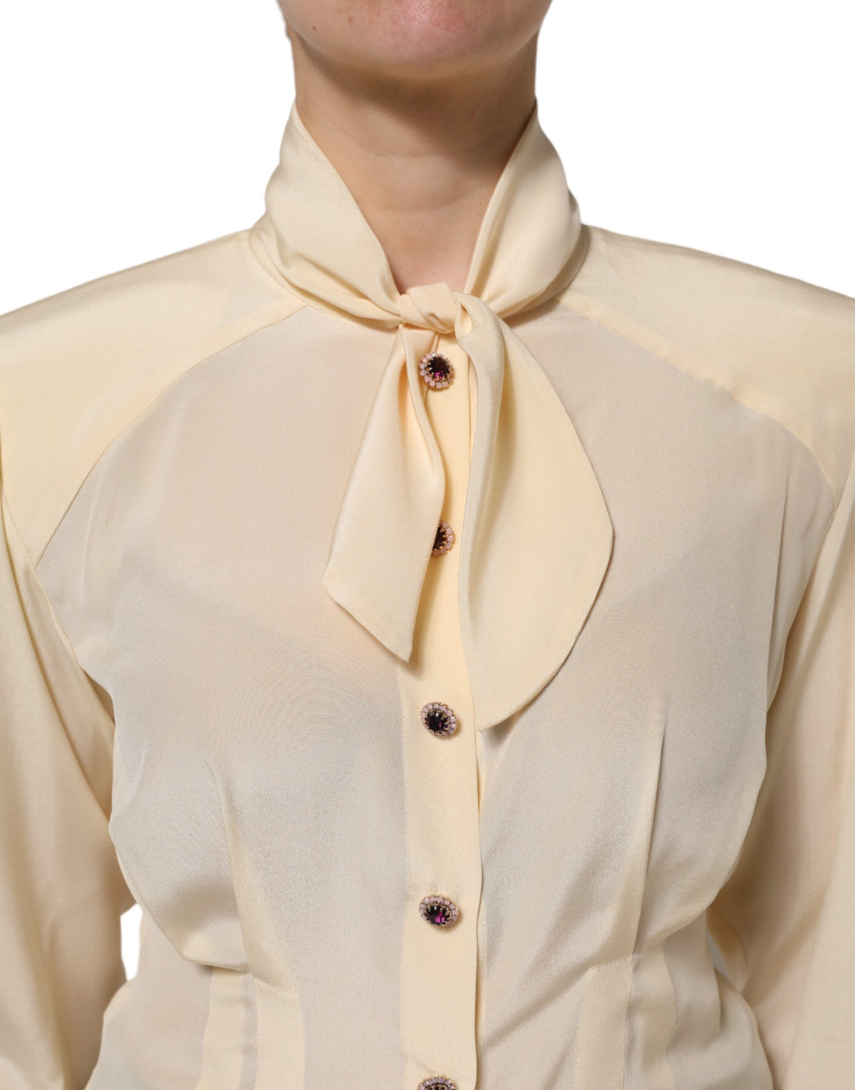 Light Yellow Ascot Collar Buttoned Blouse Top