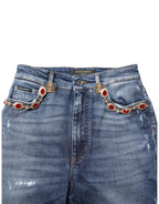 Blue Rhinestone Embellished Denim Jeans