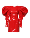 Red Patent Leather Puff Sleeves Mini Dress