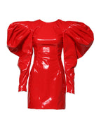 Red Patent Leather Puff Sleeves Mini Dress