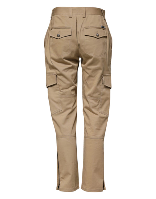 Beige Mid Waist Cargo Tapered Pants