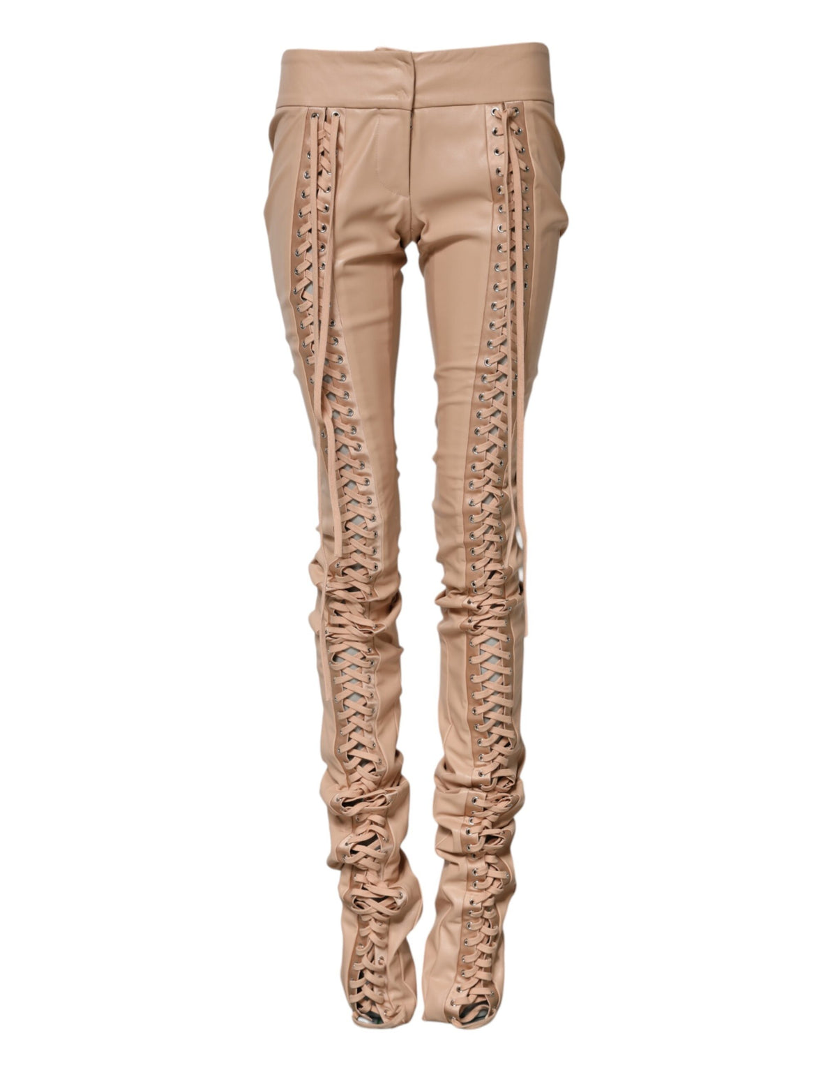 Beige Lace Details Mid Waist Skinny Pants