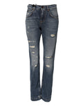 Blue Cotton Tattered Mid Waist Denim Jeans