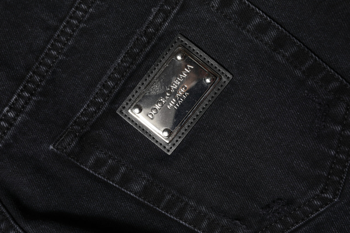 Black Cotton Tattered Mid Waist Denim Jeans