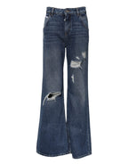Blue Cotton Wide Leg Tattered Denim Jeans
