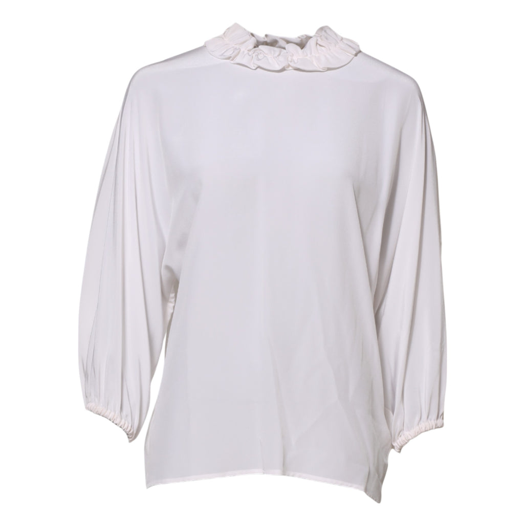White Ruffled Neckline Blouse Pullover Top