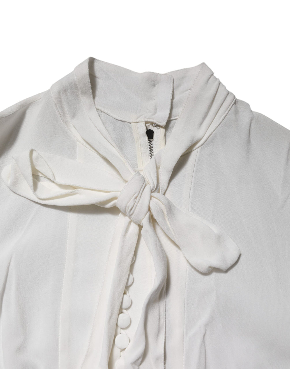 White Viscose Ascot Collar Long Sleeves Top