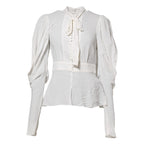 White Viscose Ascot Collar Long Sleeves Top